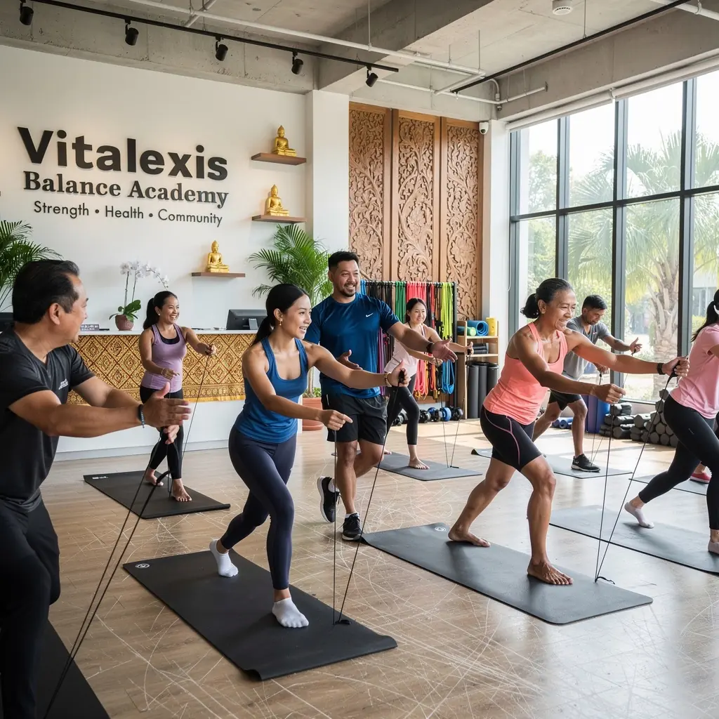 ผู้ชายทำท่าฝึกสมดุลเพื่อเสริมสร้างกล้ามเนื้อ